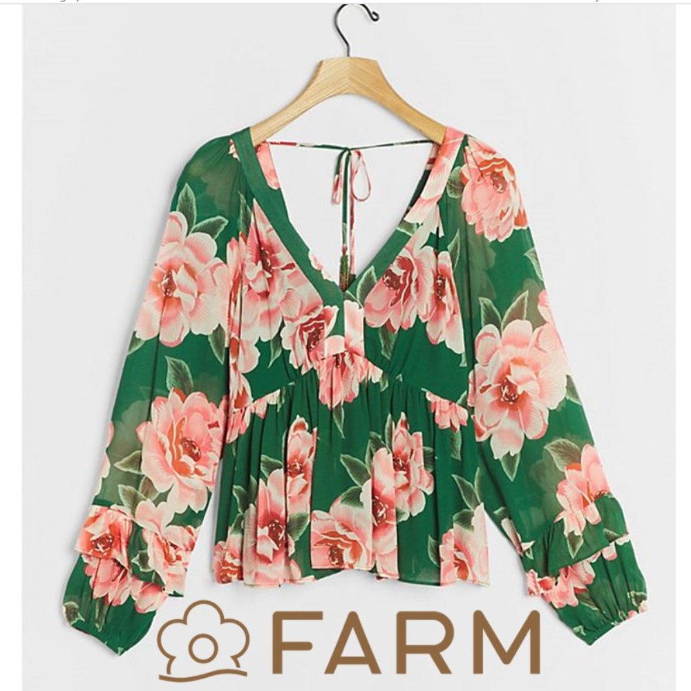 FARM Rio Green and Pink Floral Blouse